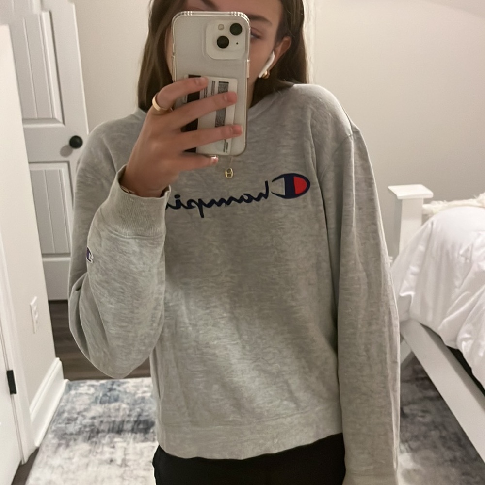 Girls Champion Heritage Spell Out Heather Gray Crewneck Sweatshirt Size Youth L